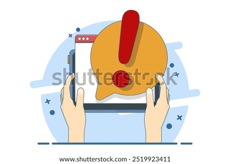 Concept of warning notification with exclamation mark on smart device screen. Important reminder. Alert in email. Message on mobile phone. Smart phone with exclamation mark. Mobile phone notification.