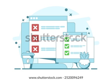 Computer concept with checklist. computer with check mark and cross. Online testing. Checklist and Check Mark on Screen. Check Mark and Options in Browser Window, Flat vector illustration.