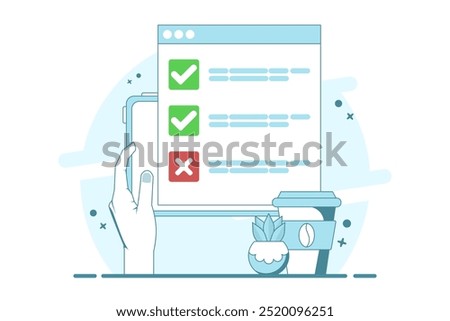 Computer concept with checklist. computer with check mark and cross. Online testing. Checklist and Check Mark on Screen. Check Mark and Options in Browser Window, Flat vector illustration.