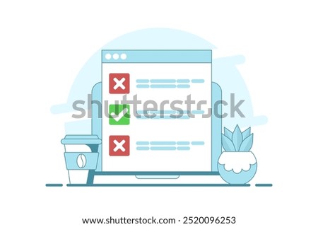 Computer concept with checklist. computer with check mark and cross. Online testing. Checklist and Check Mark on Screen. Check Mark and Options in Browser Window, Flat vector illustration.