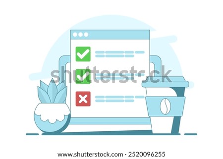 Computer concept with checklist. computer with check mark and cross. Online testing. Checklist and Check Mark on Screen. Check Mark and Options in Browser Window, Flat vector illustration.