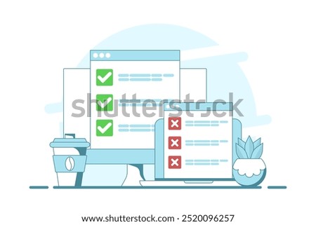 Computer concept with checklist. computer with check mark and cross. Online testing. Checklist and Check Mark on Screen. Check Mark and Options in Browser Window, Flat vector illustration.