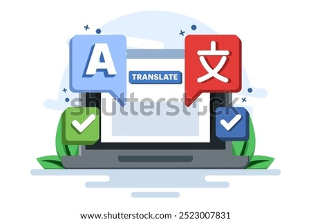 Translation concept, Translate language, Online translator mobile app on device, perform language translation. Flat illustration vector template on background.