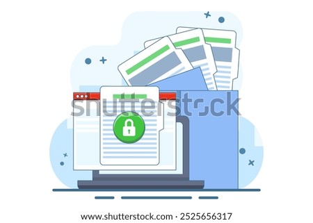 concept of secure confidential online document access on laptop computer or internet web privacy protection on text file flat icon, private secret website data lock modern symbol. vector illustration.