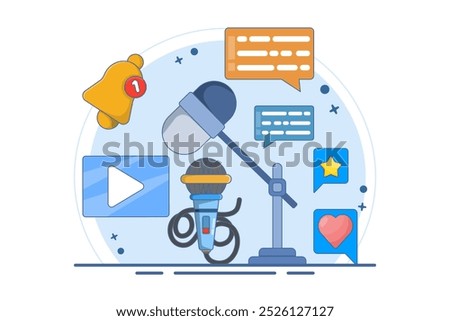 Podcast content concept. Podcasting app, radio advertising, broadcasting station, streaming, online event, blog, media marketing, digital recording. Flat vector illustration on background.