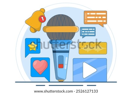 Podcast content concept. Podcasting app, radio advertising, broadcasting station, streaming, online event, blog, media marketing, digital recording. Flat vector illustration on background.