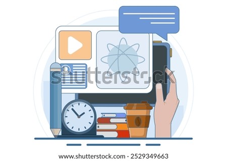 Modern online education concept for website banner. e-learning, internet courses, applied learning, university studies, classroom, tutorials, library on computer. flat illustration.