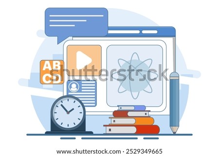 Modern online education concept for website banner. e-learning, internet courses, applied learning, university studies, classroom, tutorials, library on computer. flat illustration.