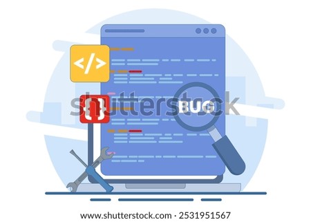 Bug Report Concept, bug magnifier on data software campaign. Computer bug detection. Bug error notification. System error alert. Testing software. Magnifier looking for malware. Flat illustration.