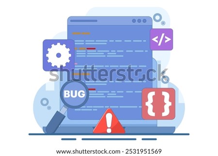 Bug Report Concept, bug magnifier on data software campaign. Computer bug detection. Bug error notification. System error alert. Testing software. Magnifier looking for malware. Flat illustration.