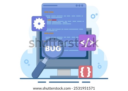 Bug Report Concept, bug magnifier on data software campaign. Computer bug detection. Bug error notification. System error alert. Testing software. Magnifier looking for malware. Flat illustration.