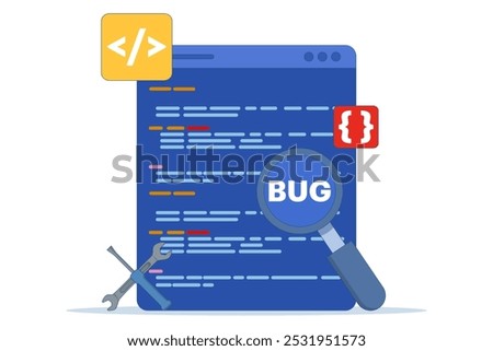 Bug Report Concept, bug magnifier on data software campaign. Computer bug detection. Bug error notification. System error alert. Testing software. Magnifier looking for malware. Flat illustration.