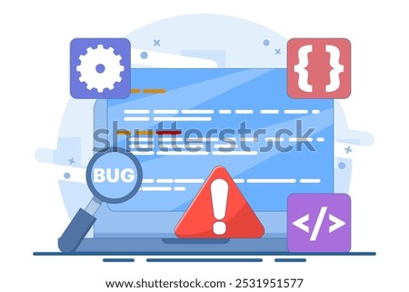 Bug Report Concept, bug magnifier on data software campaign. Computer bug detection. Bug error notification. System error alert. Testing software. Magnifier looking for malware. Flat illustration.