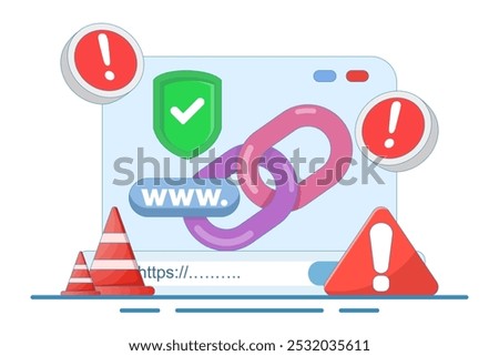 concept of protection system from malicious links. dangerous and suspicious url addresses. unsafe website addresses. chain with shield and warning sign. flat vector illustration.