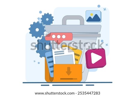 concept of Deleting data and moving unnecessary files to trash, Cleaning digital memory, Deleting documents in trash, Cleaning software, vector flat illustration template.