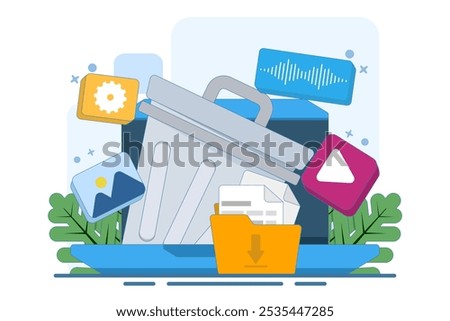 concept of Deleting data and moving unnecessary files to trash, Cleaning digital memory, Deleting documents in trash, Cleaning software, vector flat illustration template.