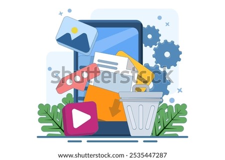 concept of Deleting data and moving unnecessary files to trash, Cleaning digital memory, Deleting documents in trash, Cleaning software, vector flat illustration template.