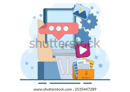 concept of Deleting data and moving unnecessary files to trash, Cleaning digital memory, Deleting documents in trash, Cleaning software, vector flat illustration template.