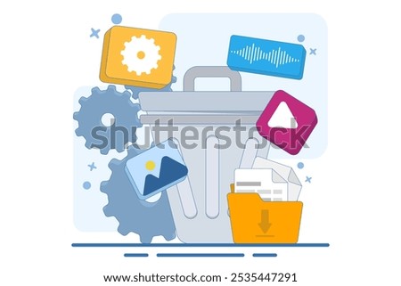 concept of Deleting data and moving unnecessary files to trash, Cleaning digital memory, Deleting documents in trash, Cleaning software, vector flat illustration template.