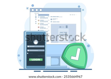 The concept of logging into a website or application using two steps, Two-step authentication. Verification code message, Two-factor verification, notification with code for secure login or sign in.