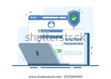 The concept of logging into a website or application using two steps, Two-step authentication. Verification code message, Two-factor verification, notification with code for secure login or sign in.