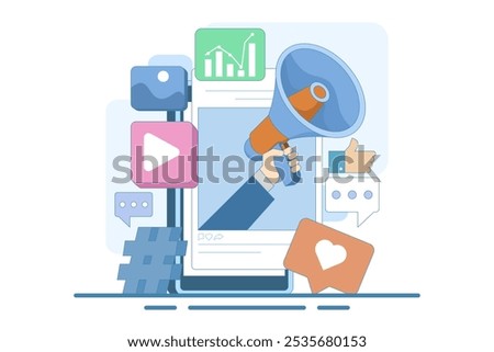 social media marketing concept, social media feed with megaphone, Flat illustration Digital marketing, Ecommerce, Social media campaign, SEO optimization, content marketing. flat vector illustration.