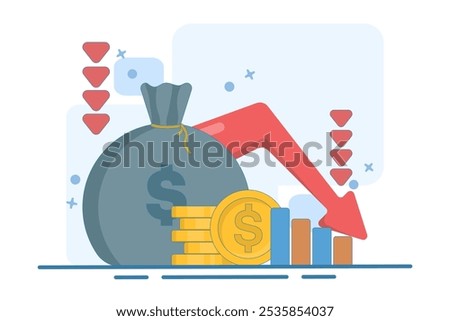 recession concept. economic downturn, profit or income. decreasing currency value. coin with down arrow. economic and financial problems. flat vector illustration on background.