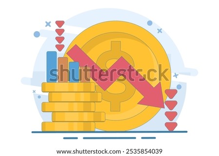 recession concept. economic downturn, profit or income. decreasing currency value. coin with down arrow. economic and financial problems. flat vector illustration on background.