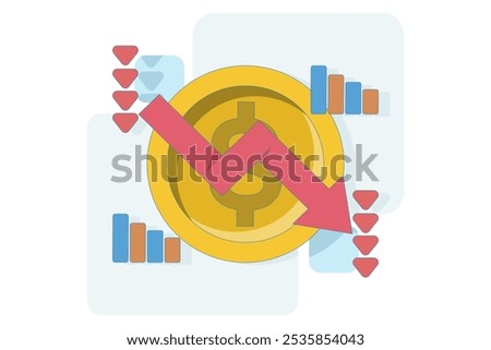 recession concept. economic downturn, profit or income. decreasing currency value. coin with down arrow. economic and financial problems. flat vector illustration on background.