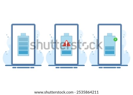 Smartphone battery energy level indicator concept, low battery level, battery charging, fully charged battery, Flat vector illustration on background.