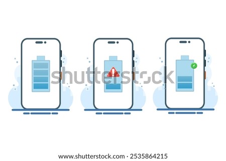 Smartphone battery energy level indicator concept, low battery level, battery charging, fully charged battery, Flat vector illustration on background.