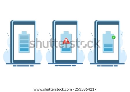 Smartphone battery energy level indicator concept, low battery level, battery charging, fully charged battery, Flat vector illustration on background.