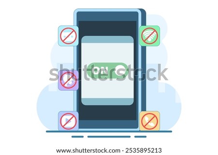 Concept of Activating Do Not Disturb mode on screen. feature on mobile phone or device to not display notifications, activate do not disturb mode, data vector illustration.