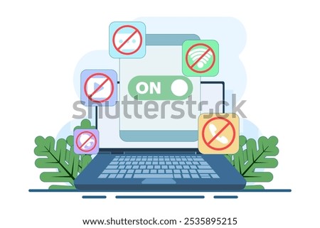 Concept of Activating Do Not Disturb mode on screen. feature on mobile phone or device to not display notifications, activate do not disturb mode, data vector illustration.