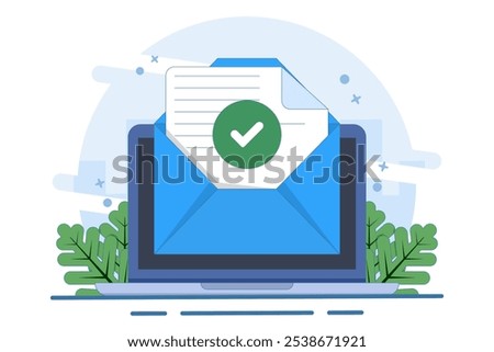 Concept of check mark notification on approved email message, online document on laptop computer, or digital letter successfully confirming application, verified document.