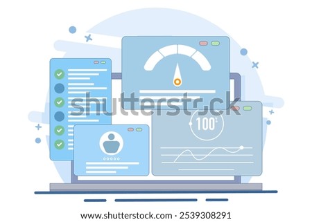 Flat illustration concept of usability testing, QA engineering, developer, Tester looking for bugs, Site testing, Software optimization process, checking application functionality. Vector illustration