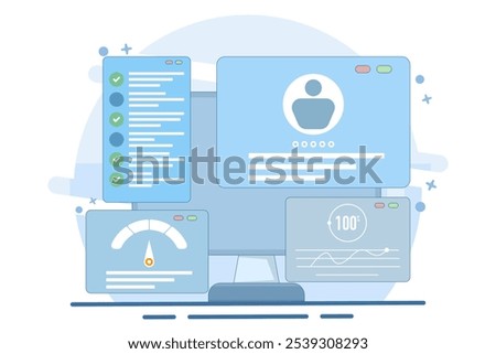 Flat illustration concept of usability testing, QA engineering, developer, Tester looking for bugs, Site testing, Software optimization process, checking application functionality. Vector illustration