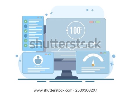 Flat illustration concept of usability testing, QA engineering, developer, Tester looking for bugs, Site testing, Software optimization process, checking application functionality. Vector illustration