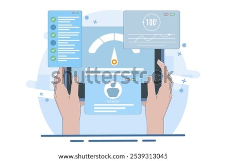 Flat illustration concept of usability testing, QA engineering, developer, Tester looking for bugs, Site testing, Software optimization process, checking application functionality. Vector illustration