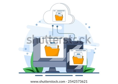 Cloud computing concept with computer monitor, laptop and smart phone device in processing information and uploading and downloading data, cloud service data storage or transfer. flat illustration.