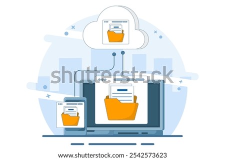 Cloud computing concept with computer monitor, laptop and smart phone device in processing information and uploading and downloading data, cloud service data storage or transfer. flat illustration.