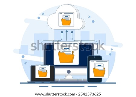 Cloud computing concept with computer monitor, laptop and smart phone device in processing information and uploading and downloading data, cloud service data storage or transfer. flat illustration.