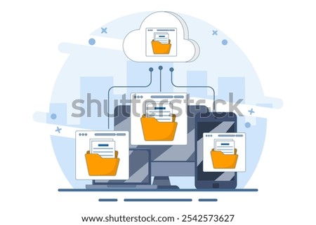 Cloud computing concept with computer monitor, laptop and smart phone device in processing information and uploading and downloading data, cloud service data storage or transfer. flat illustration.