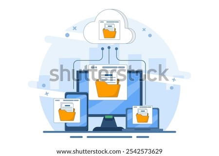 Cloud computing concept with computer monitor, laptop and smart phone device in processing information and uploading and downloading data, cloud service data storage or transfer. flat illustration.