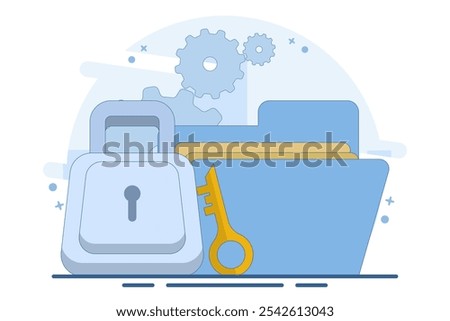 Data protection concept, data protection for personal privacy, data storage, information, protection, permission, rules, cyber safety and security. old giant file, key and lock.