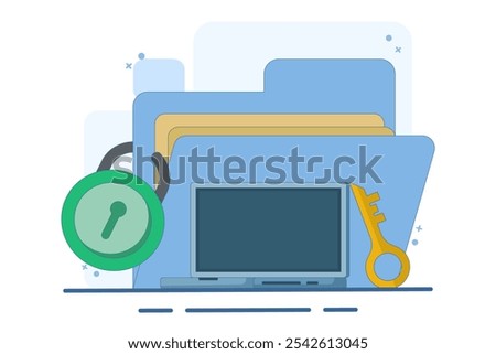 Data protection concept, data protection for personal privacy, data storage, information, protection, permission, rules, cyber safety and security. old giant file, key and lock.