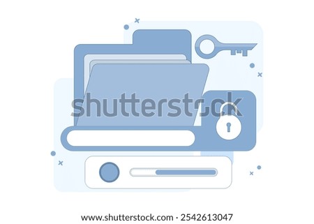 Data protection concept, data protection for personal privacy, data storage, information, protection, permission, rules, cyber safety and security. old giant file, key and lock.