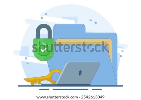 Data protection concept, data protection for personal privacy, data storage, information, protection, permission, rules, cyber safety and security. old giant file, key and lock.