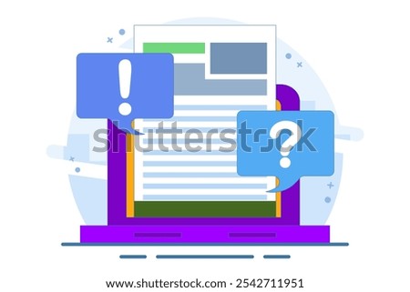 Concept Document file paper collaboration review comment. question mark and exclamation mark discussion about writing text content image clipart. illustration icon vector graphic flat.