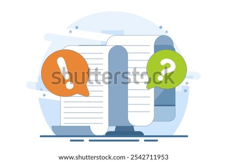 Concept Document file paper collaboration review comment. question mark and exclamation mark discussion about writing text content image clipart. illustration icon vector graphic flat.